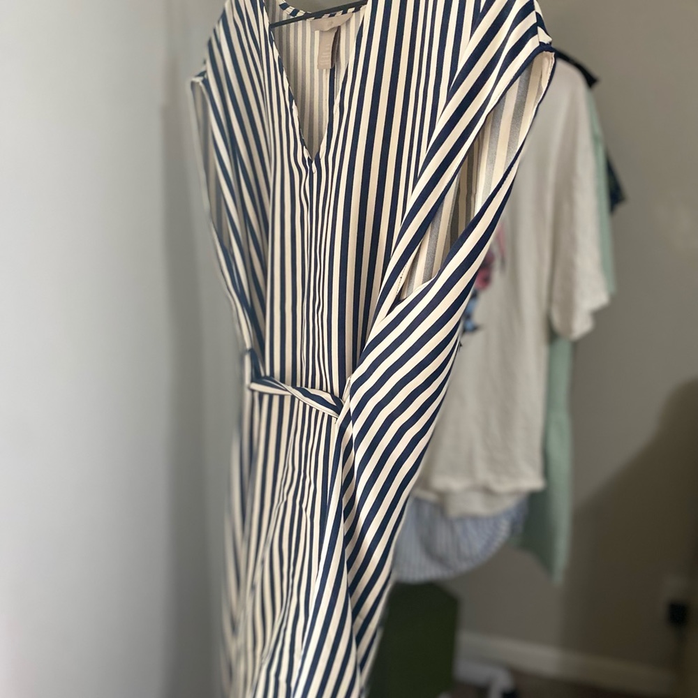 White and blue stripe with belt shift dress